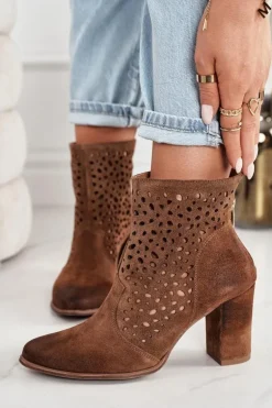 Ażurowe Botki Na Słupku Zamszowe Exquisite 1219 Koniak