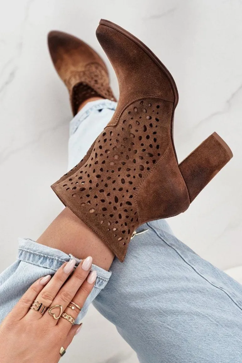 Ażurowe Botki Na Słupku Zamszowe Exquisite 1219 Koniak