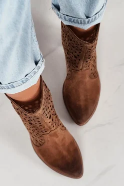 Ażurowe Botki Na Słupku Zamszowe Exquisite 1219 Koniak