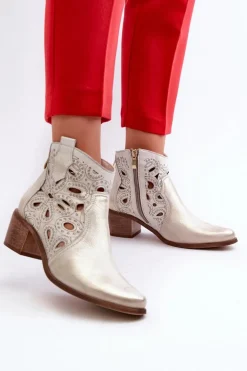 Ażurowe Botki Skórzane Lewski Shoes 3170/2 Złoty Przecierany