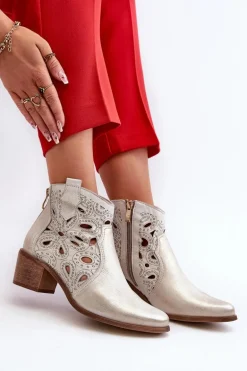 Ażurowe Botki Skórzane Lewski Shoes 3170/2 Złoty Przecierany