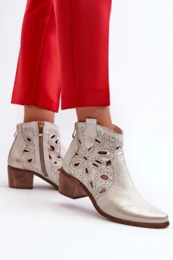 Ażurowe Botki Skórzane Lewski Shoes 3170/2 Złoty Przecierany
