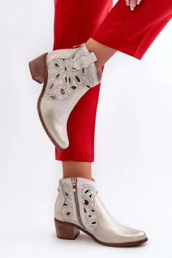 Ażurowe Botki Skórzane Lewski Shoes 3170/2 Złoty Przecierany