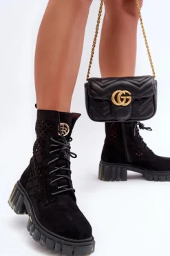 Ażurowe Botki Workery Czarne Ideally