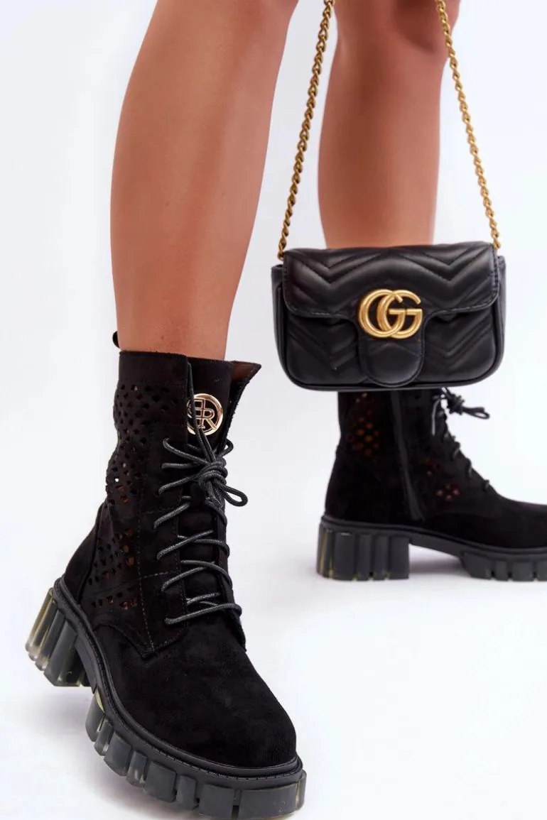 Ażurowe Botki Workery Czarne Ideally