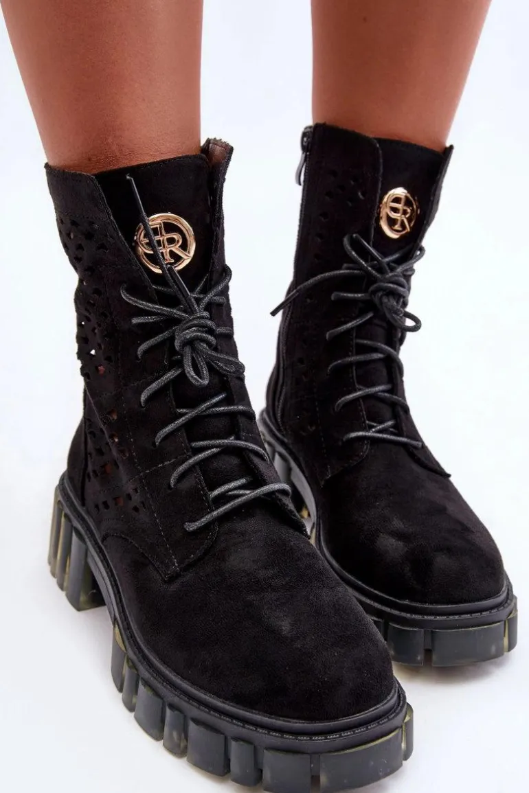 Ażurowe Botki Workery Czarne Ideally