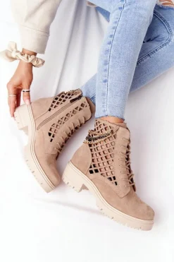 Ażurowe Botki Workery Lewski Shoes 3030-0 Piaskowe