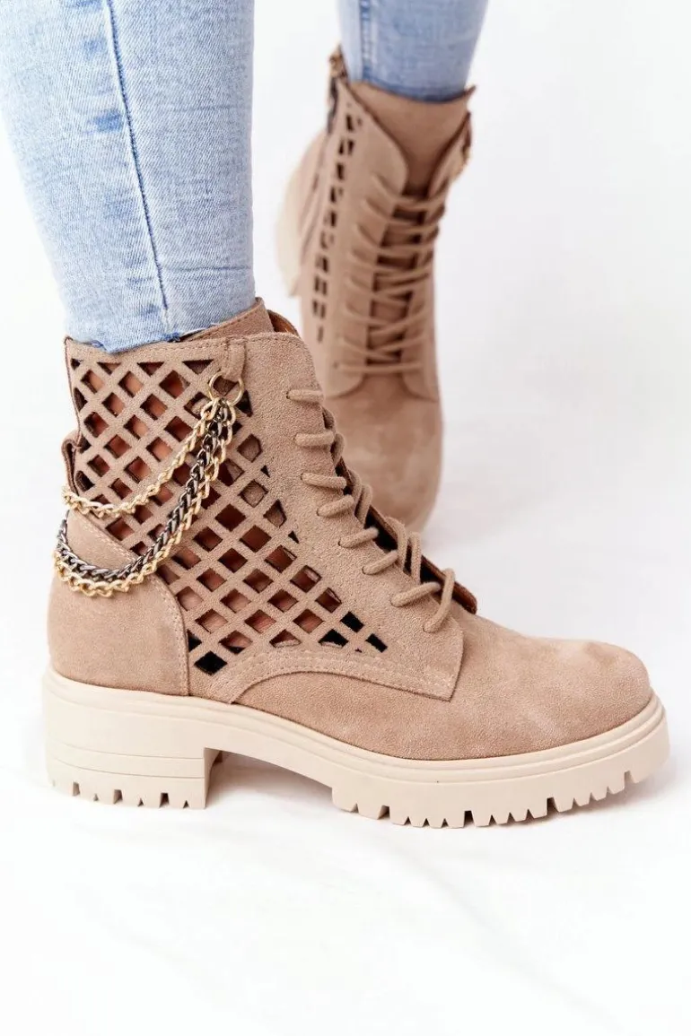 Ażurowe Botki Workery Lewski Shoes 3030-0 Piaskowe