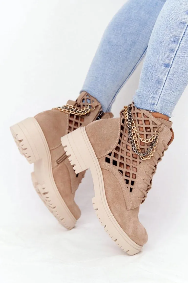 Ażurowe Botki Workery Lewski Shoes 3030-0 Piaskowe