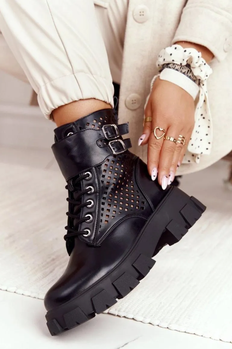 Ażurowe Botki Workery Na Platformie Czarne Blown Away