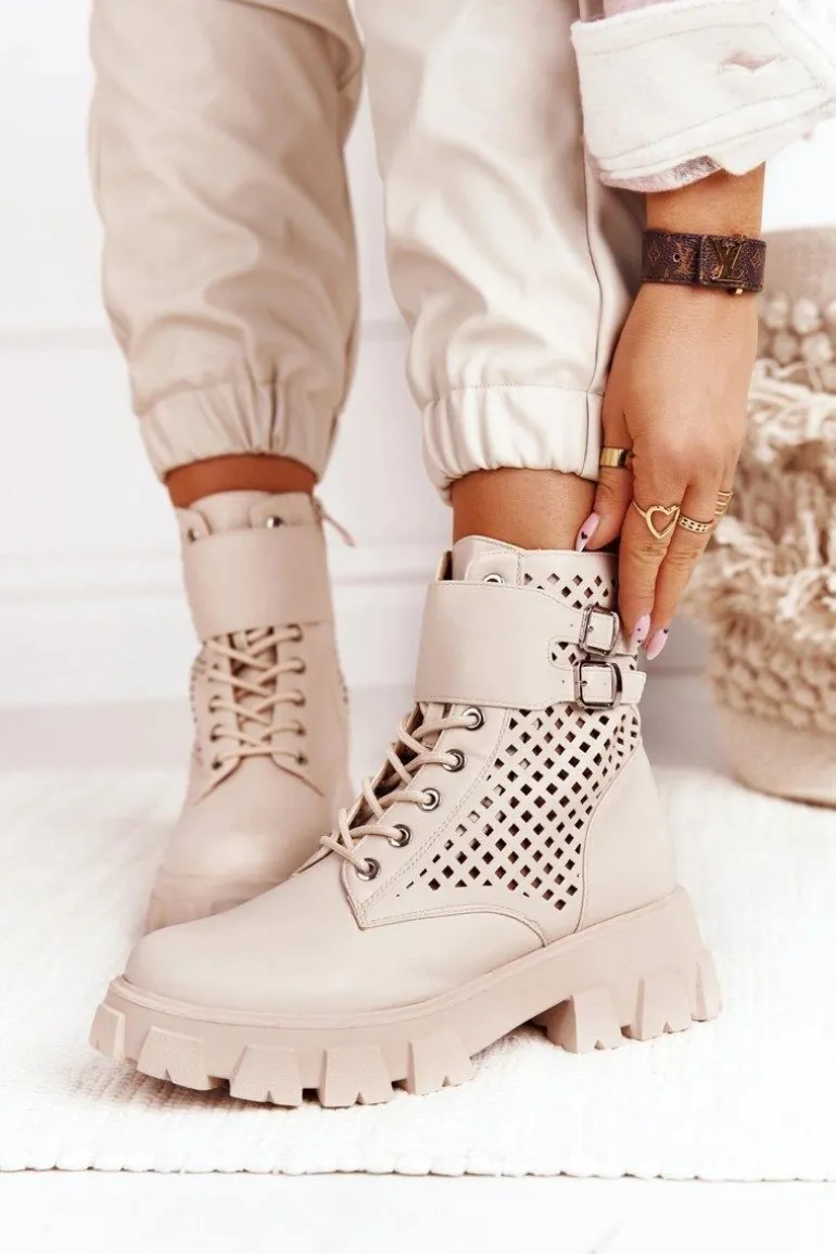 Ażurowe Botki Workery Na Platformie Beżowe Blown Away