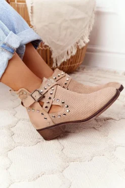 Ażurowe Botki Z Dżetami Beżowe Dakota