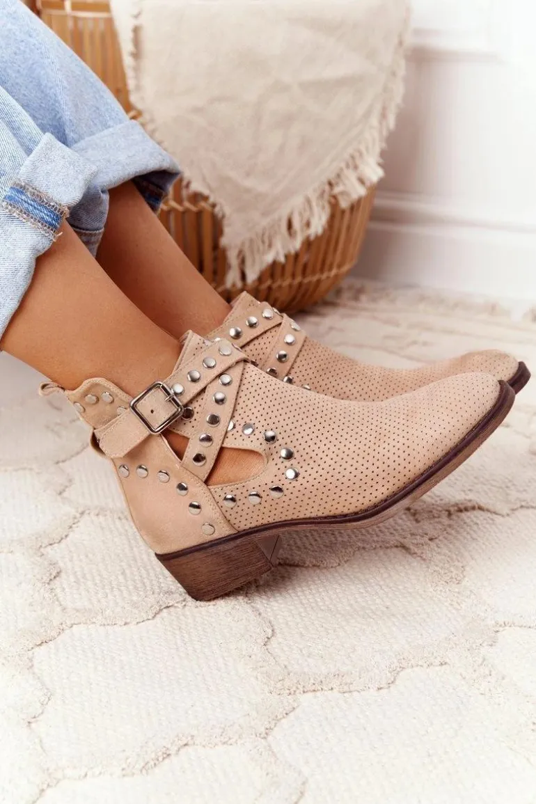 Ażurowe Botki Z Dżetami Beżowe Dakota