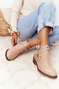 Ażurowe Botki Z Dżetami Beżowe Dakota