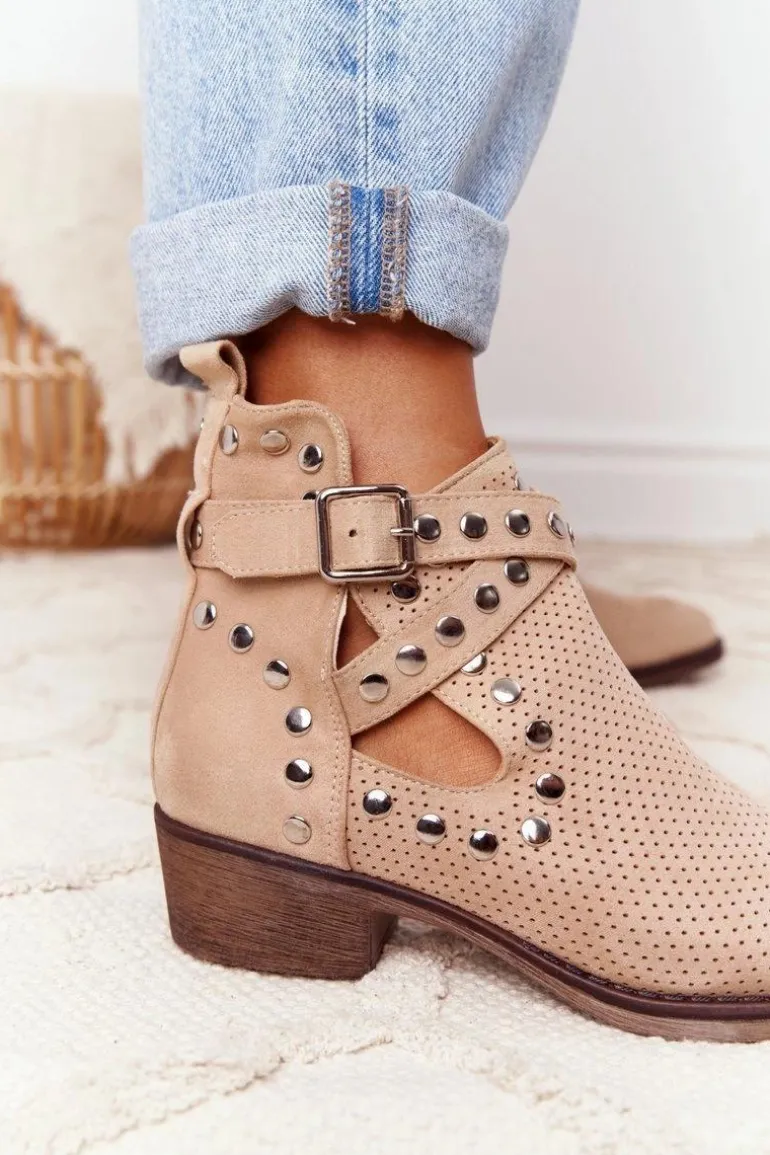 Ażurowe Botki Z Dżetami Beżowe Dakota