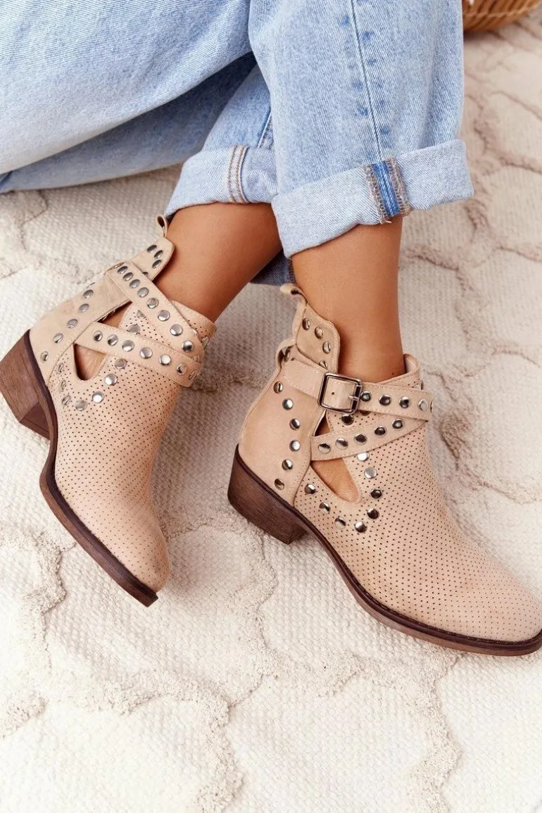 Ażurowe Botki Z Dżetami Beżowe Dakota