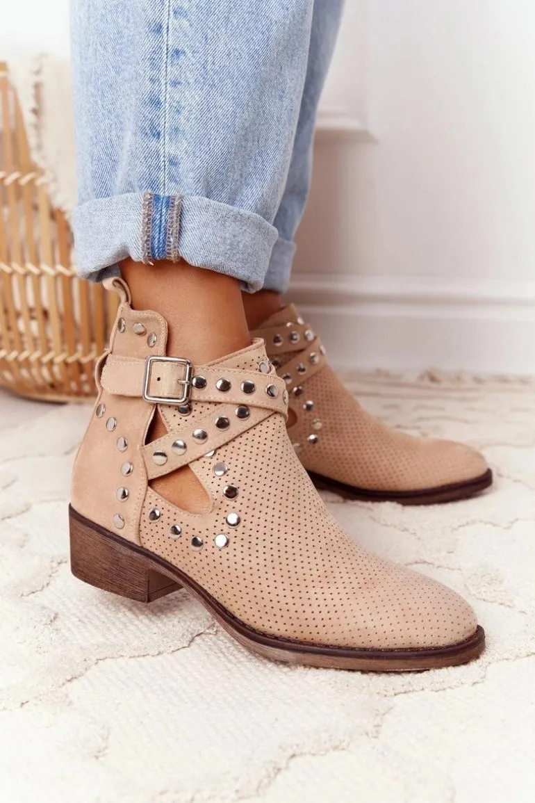 Ażurowe Botki Z Dżetami Beżowe Dakota