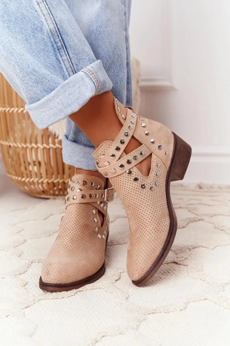 Ażurowe Botki Z Dżetami Beżowe Dakota