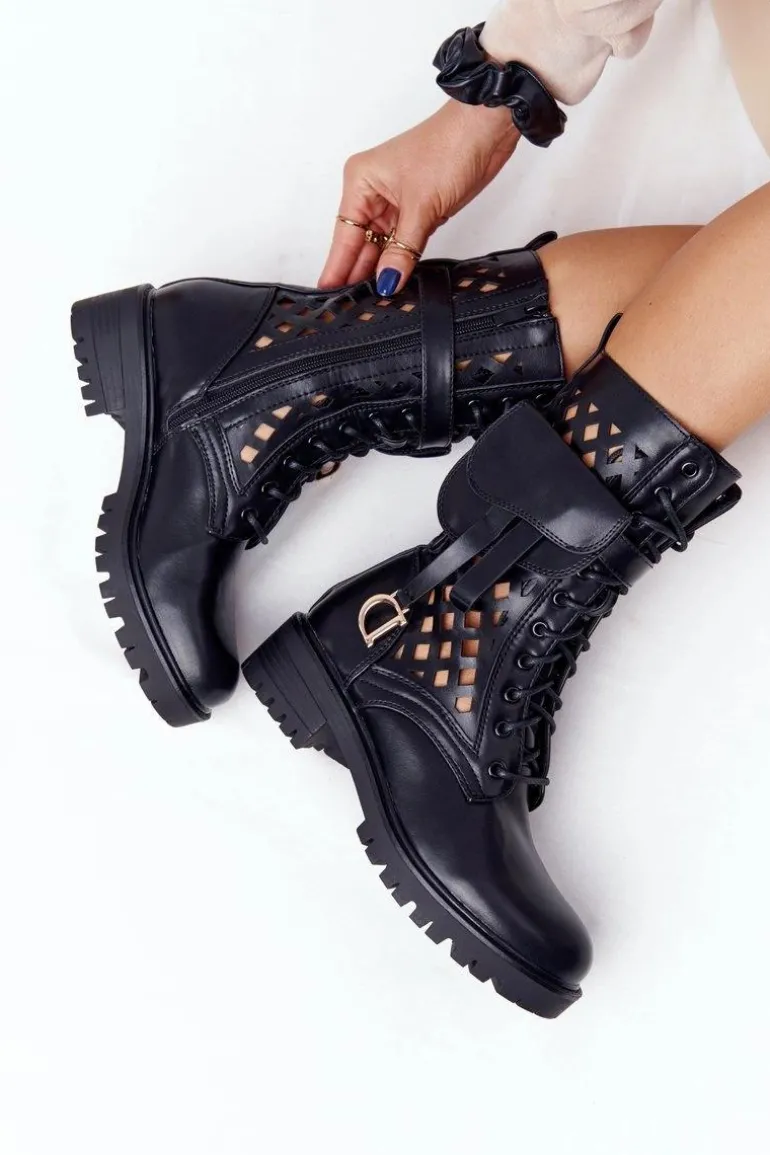 Ażurowe Botki Z Nerką Czarne Rock Star