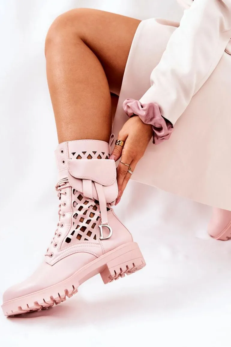 Ażurowe Botki Z Nerką Różowe Rock Star