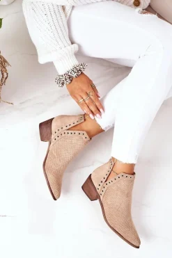 Ażurowe Botki Z Wycięciami Beżowe Western