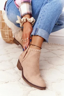 Ażurowe Botki Z Wycięciami Beżowe Clever