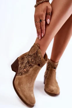 Ażurowe Botki Zamszowe Lewski Shoes 3170/2 Beżowe