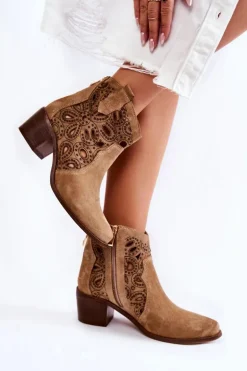 Ażurowe Botki Zamszowe Lewski Shoes 3170/2 Beżowe