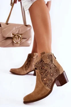 Ażurowe Botki Zamszowe Lewski Shoes 3170/2 Beżowe