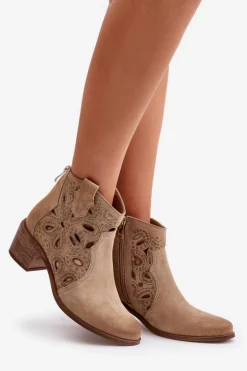 Ażurowe Botki Zamszowe Lewski Shoes 3170/2 Beżowe