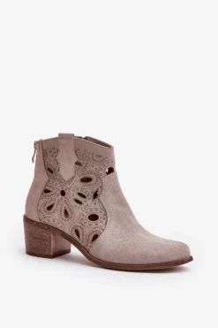 Ażurowe Botki Zamszowe Lewski Shoes 3170/2 Cappucino