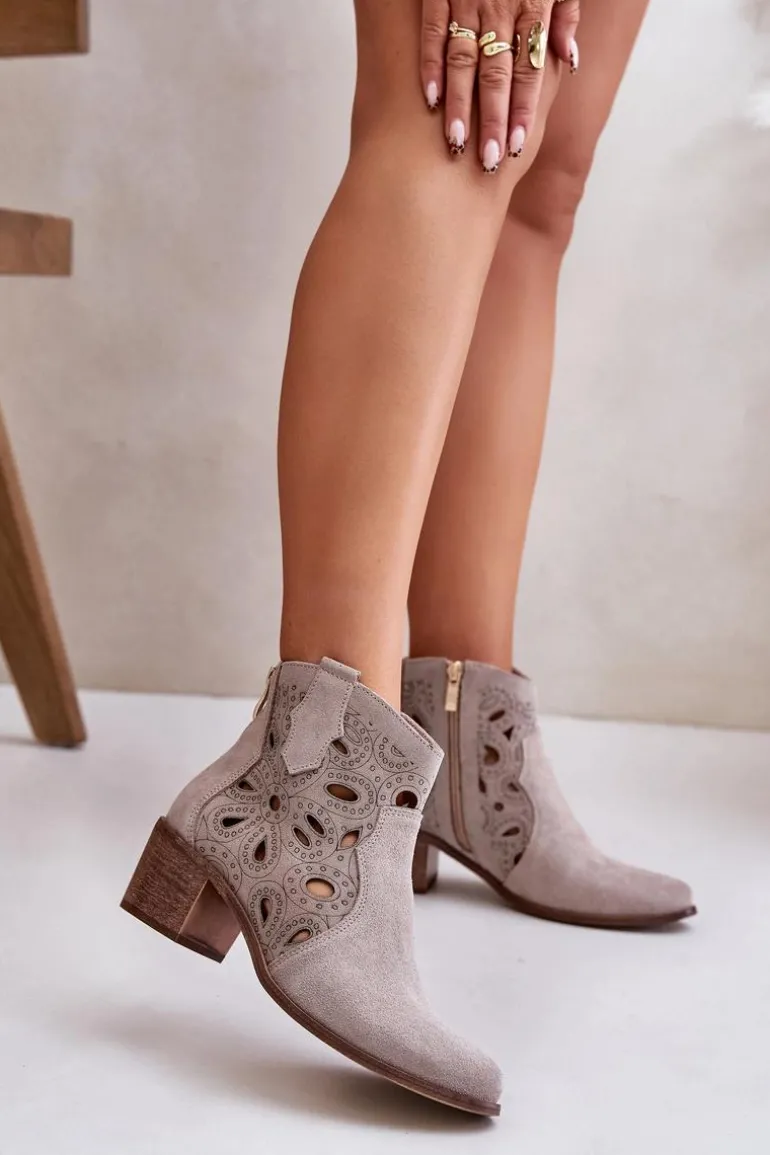 Ażurowe Botki Zamszowe Lewski Shoes 3170/2 Cappucino