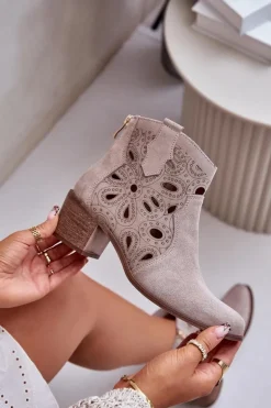 Ażurowe Botki Zamszowe Lewski Shoes 3170/2 Cappucino