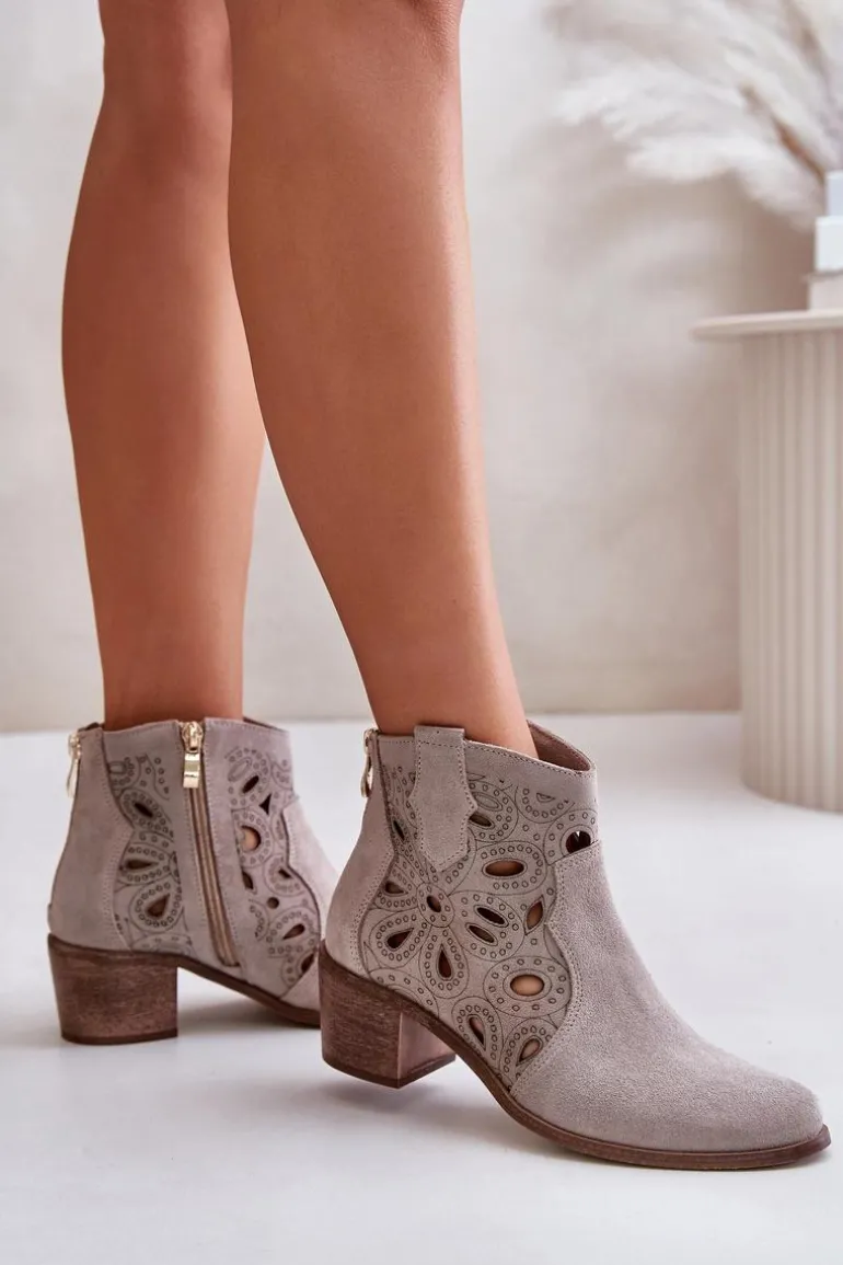 Ażurowe Botki Zamszowe Lewski Shoes 3170/2 Cappucino