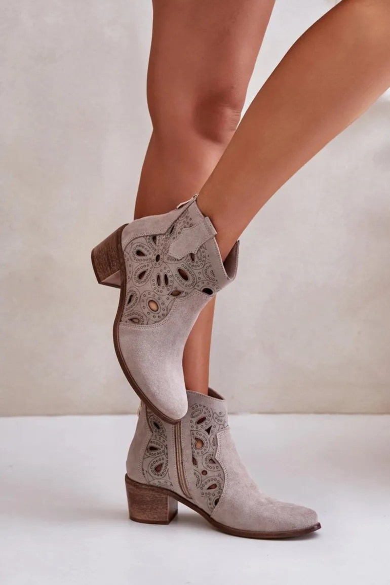 Ażurowe Botki Zamszowe Lewski Shoes 3170/2 Cappucino