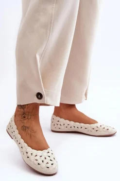 Ażurowe Błyszczące Baleriny Damskie Beżowe Visionary