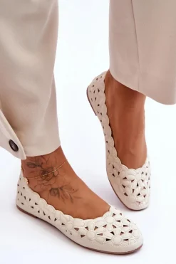 Ażurowe Błyszczące Baleriny Damskie Beżowe Visionary