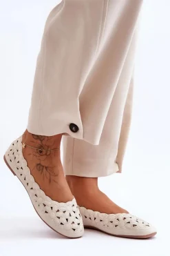 Ażurowe Błyszczące Baleriny Damskie Beżowe Visionary