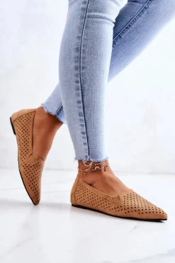 Ażurowe Damskie Baleriny Wsuwane Camel Rosario