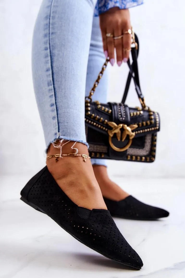 Ażurowe Damskie Baleriny Wsuwane Czarne Rosario