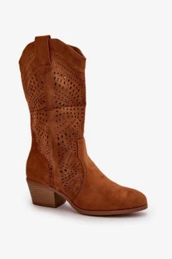 Ażurowe Damskie Botki Kowbojki Na Obcasie Camel Iceda