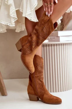 Ażurowe Damskie Botki Kowbojki Na Obcasie Camel Iceda
