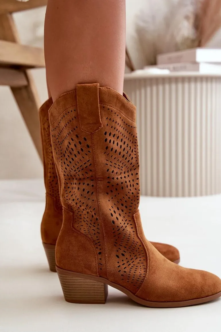 Ażurowe Damskie Botki Kowbojki Na Obcasie Camel Iceda