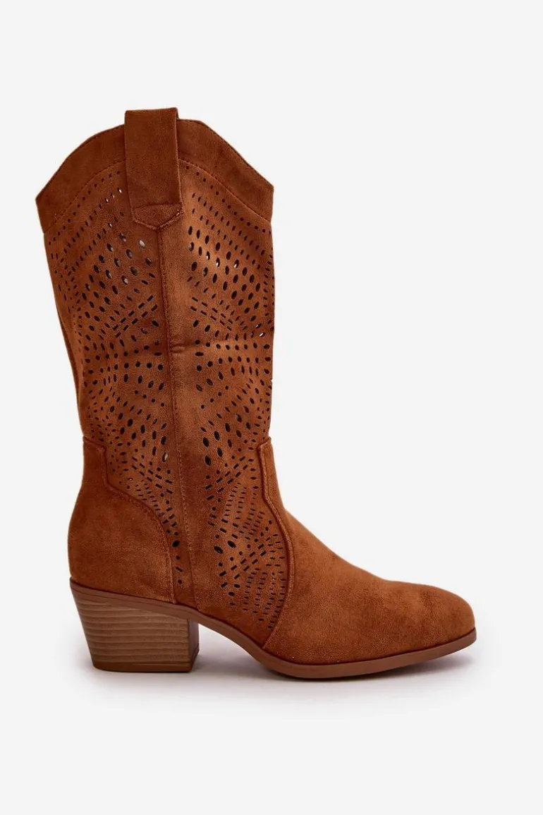Ażurowe Damskie Botki Kowbojki Na Obcasie Camel Iceda