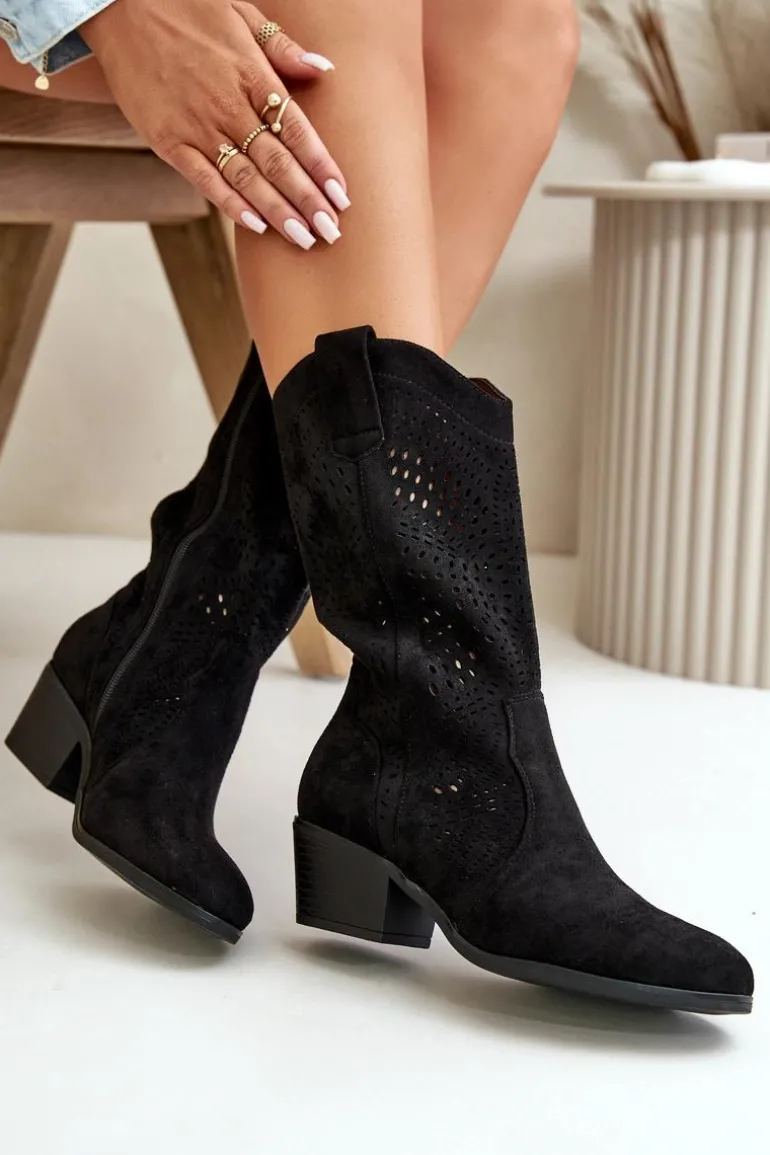Ażurowe Damskie Botki Kowbojki Na Obcasie Czarne Iceda