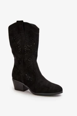 Ażurowe Damskie Botki Kowbojki Na Obcasie Czarne Iceda