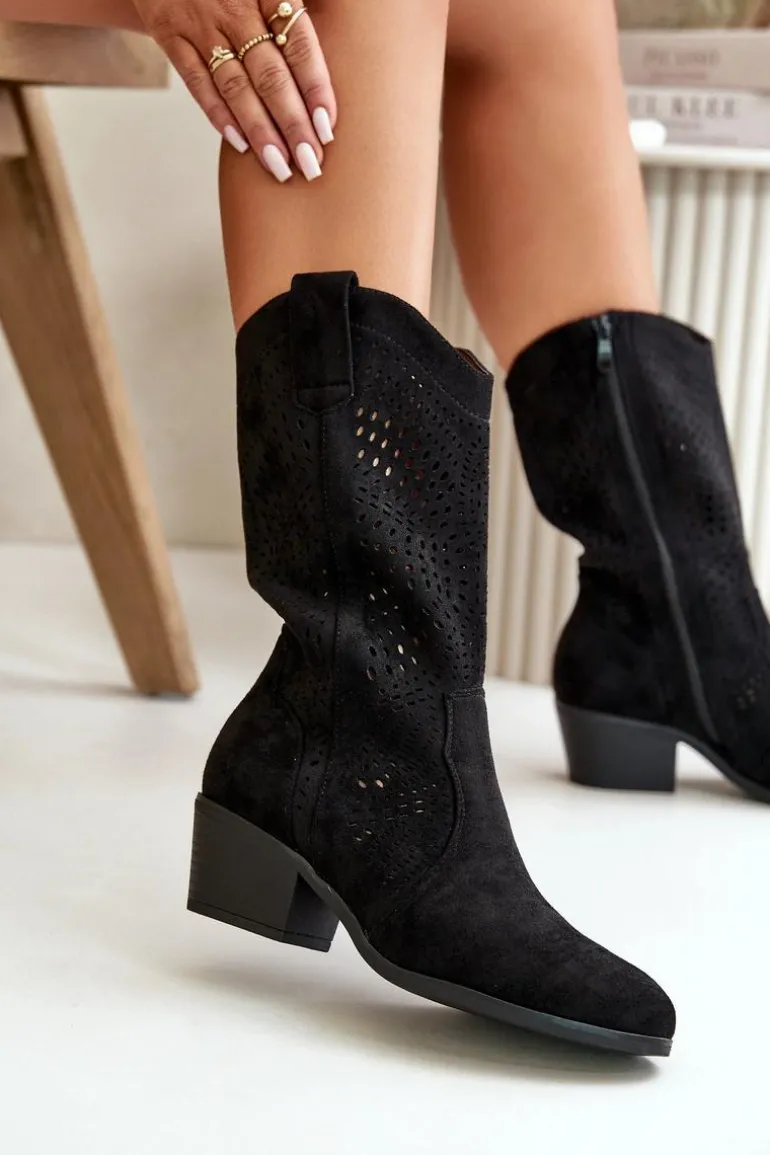 Ażurowe Damskie Botki Kowbojki Na Obcasie Czarne Iceda