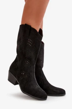 Ażurowe Damskie Botki Kowbojki Na Obcasie Czarne Iceda