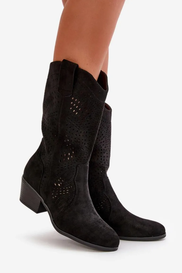 Ażurowe Damskie Botki Kowbojki Na Obcasie Czarne Iceda