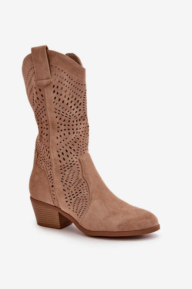 Ażurowe Damskie Botki Kowbojki Na Obcasie Brązowe Iceda